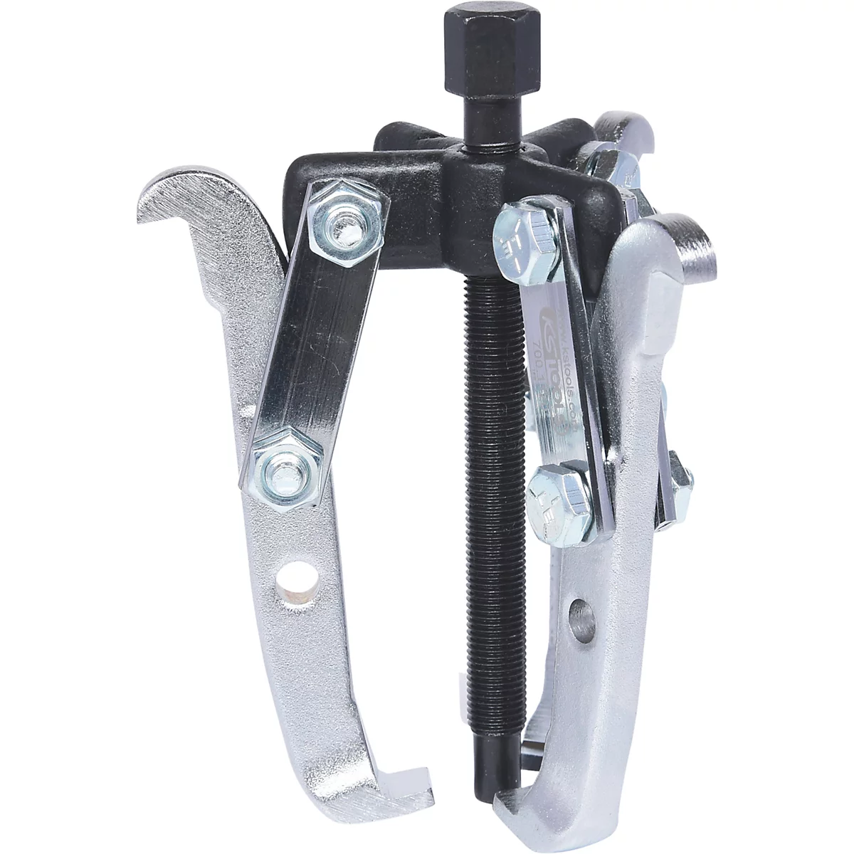 Ein silberner Abzieher mit Schraube und schwarzen Komponenten. Im Detail sind Schrauben und metallene Greifarme zu sehen.